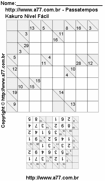 Jogo Kakuro Para Impressão Com Respostas