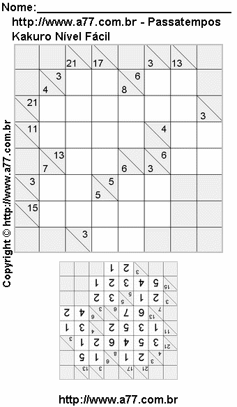 Jogo Kakuro Nível Fácil Para Imprimir Com Respostas