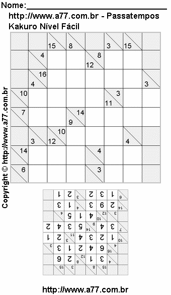 Jogo Kakuro Nível Fácil Para Impressão Com Respostas