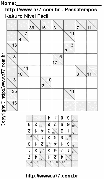 Passatempo Kakuro Para Impressão Com Respostas