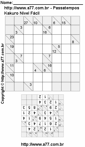 Passatempo Kakuro Nível Fácil Para Imprimir Com Respostas