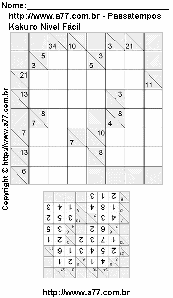 Passatempo Kakuro Nível Fácil Para Imprimir Com Resposta