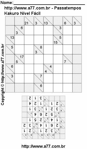 Passatempo Kakuro Nível Fácil Para Impressão Com Respostas
