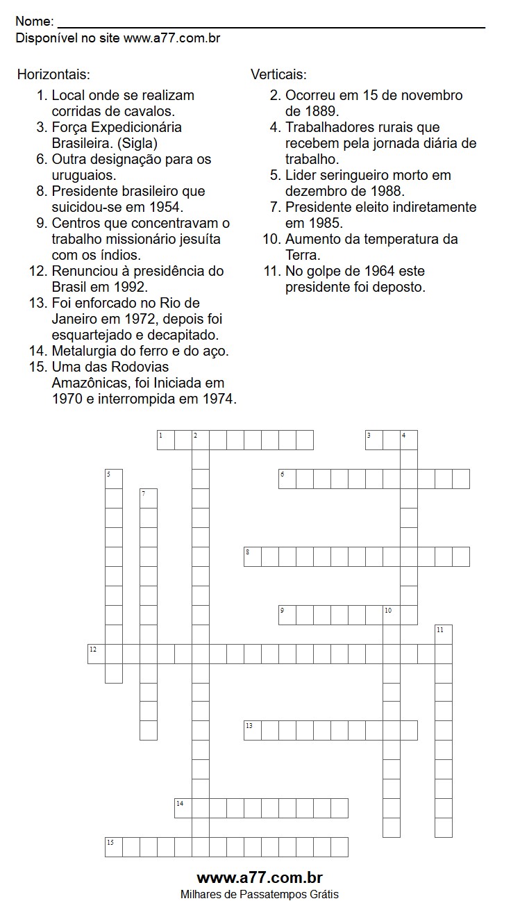 Palavras Cruzadas Para Imprimir de Conhecimentos Gerais