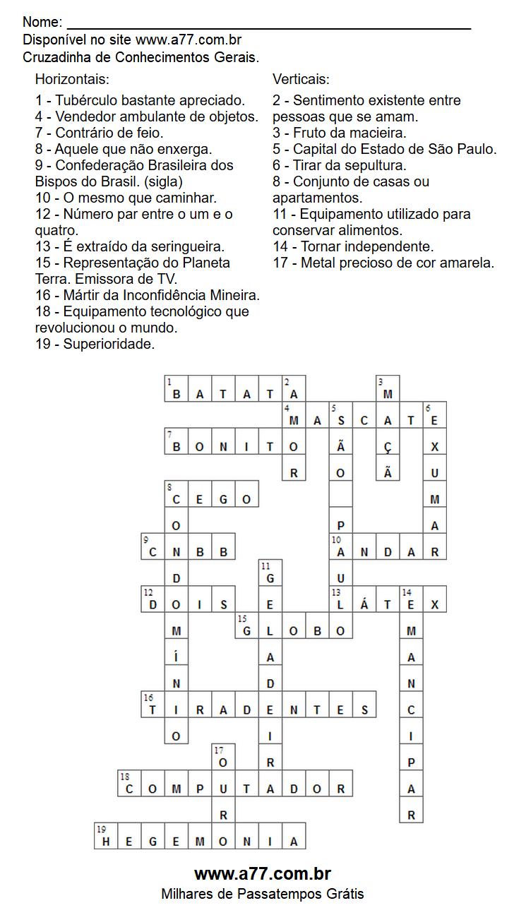 Palavras Cruzadas Para Imprimir de Conhecimentos Gerais com Gabarito