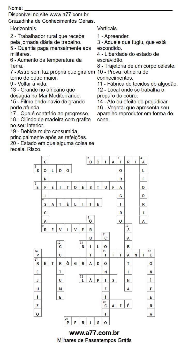 Cruzadinha de Conhecimentos Gerais com Respostas Para Imprimir