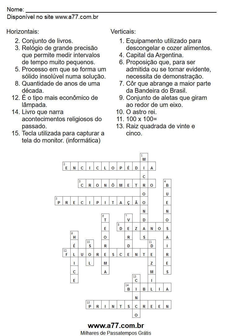 Cruzadinha Para Imprimir de Conhecimentos Gerais com Respostas