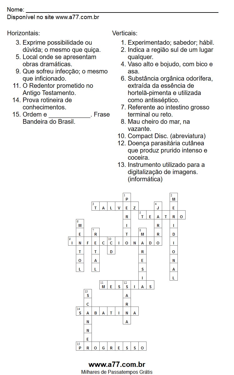 Cruzadinha Para Impressão de Conhecimentos Gerais com Respostas