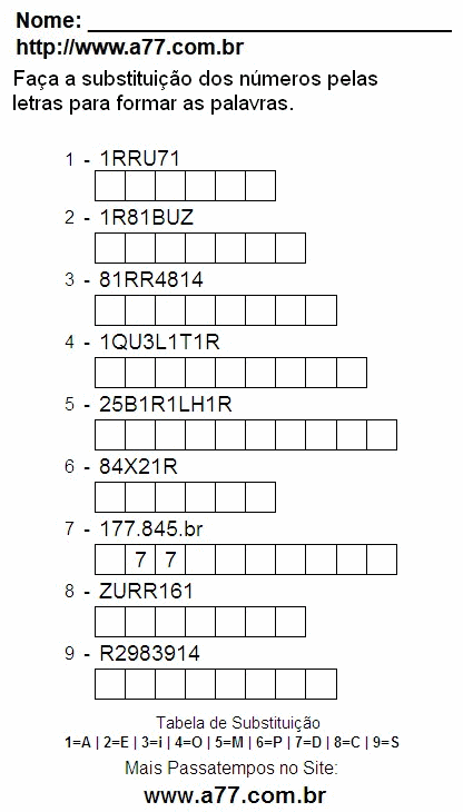 Passatempo Grátis Com Palavras e Números Para Ser Impresso