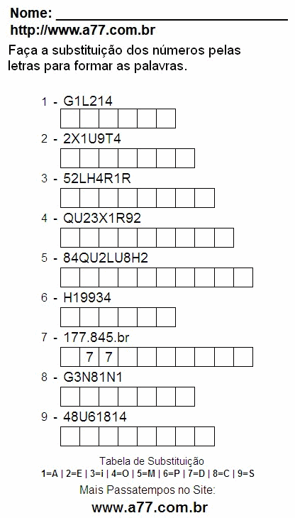 Passatempo Lúdico Para Impressão de Substituir Números de 0 a 9 Por Letras