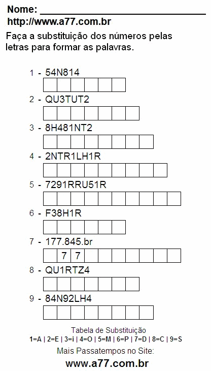 Passatempo Para Imprimir de Fazer a Substituição de Números Por Letras