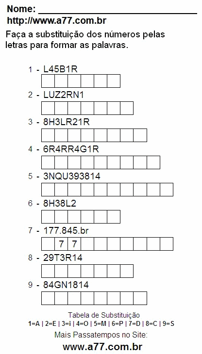 Passatempo Enigma de Letras e Números Para Imprimir