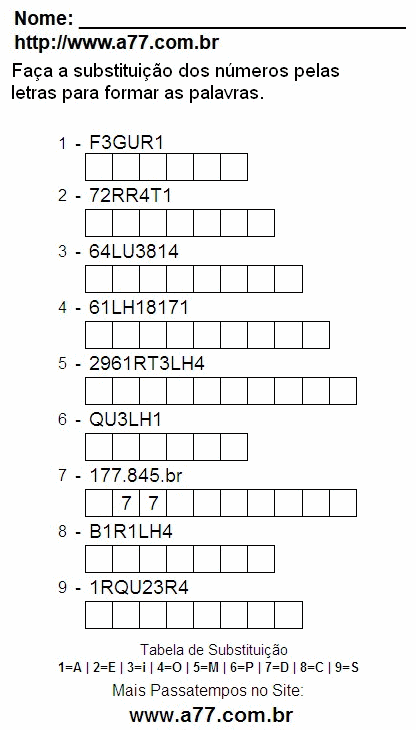 Passatempo Grátis Com Números, Letras e Palavras Para Imprimir