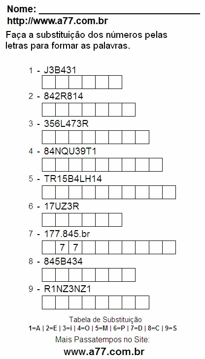 Passatempo Lúdico Para Imprimir de Substituir Números de 0 a 9 Por Letras