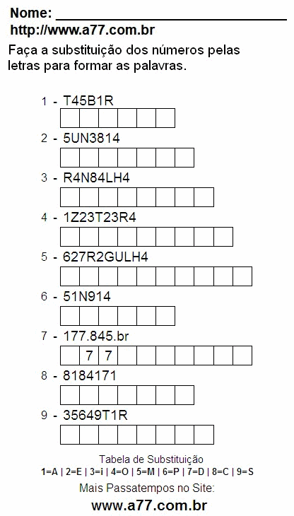 Passatempo Grátis Com Letras e Números Para Impressão