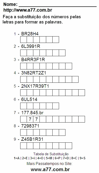 Passatempo Pedagógico de Substituir Números Por Letras Para Imprimir