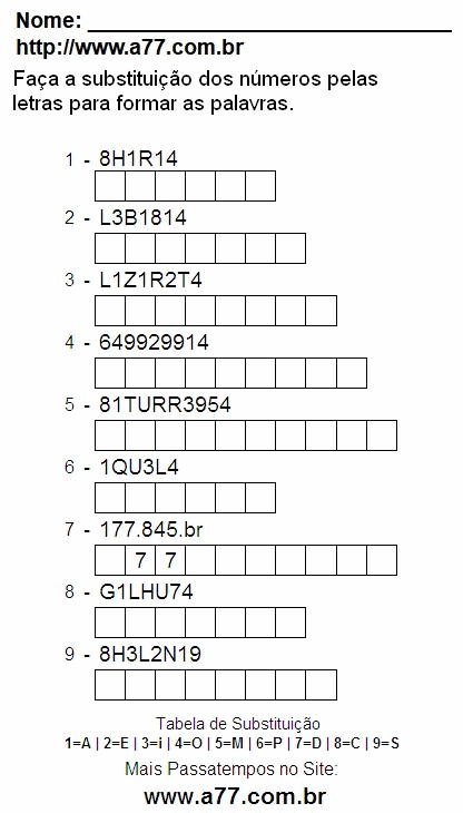 Passatempo Educativo Para Imprimir de Fazer a Substituição de Números Por Letras