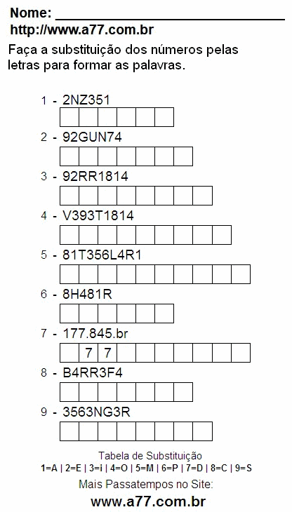 Passatempo Para Imprimir de Substituir Números de 0 a 9 Por Letras