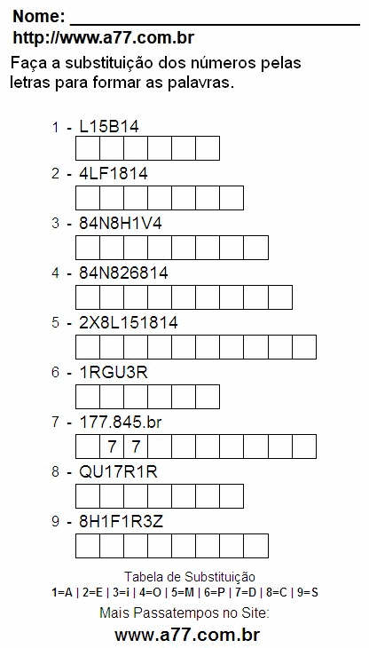 Passatempo Educativo Para Impressão de Substituir Números de 0 a 9 Por Letras