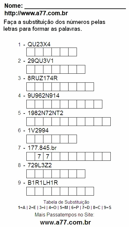 Passatempo Educativo de Substituir Números Por Letras Para Imprimir