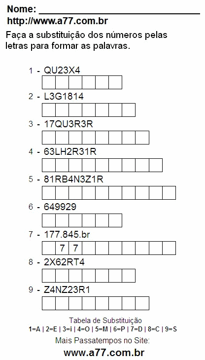 Passatempo Com Letras e Números Para Imprimir