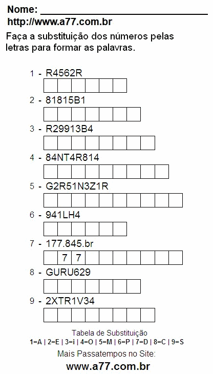 Passatempo Pedagógico Para Imprimir de Fazer a Substituição de Números Por Letras