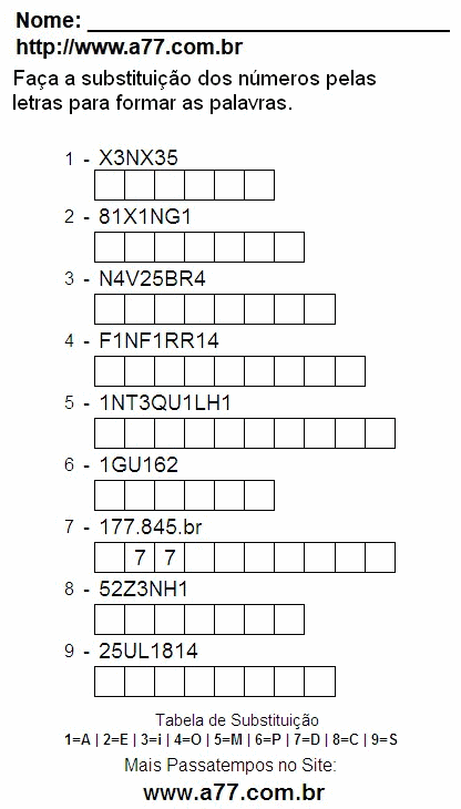 Passatempo Fácil Com Letras e Números Para Impressão