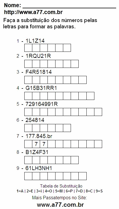 Passatempo Grátis Com Letras e Números Para Ser Impresso