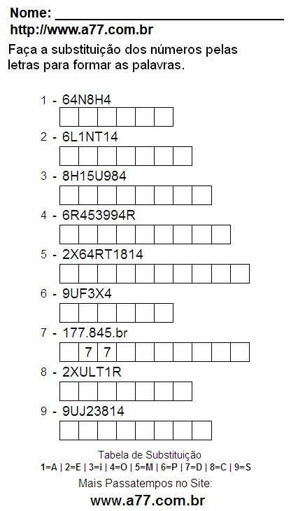 Passatempo de Substituir Nº Por Letras Para Imprimir