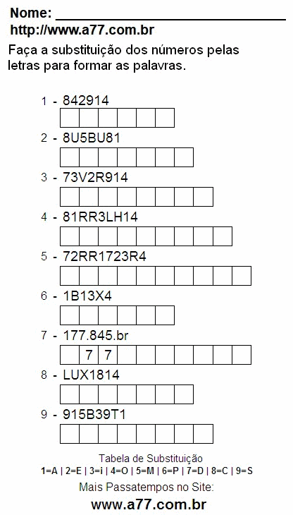 Passatempo Para Impressão de Fazer a Substituição de Números Por Letras