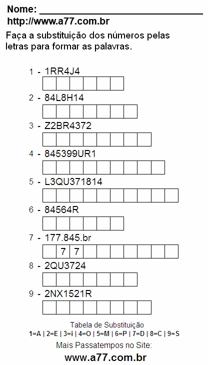 Passatempo Para Imprimir de Substituir Números de 0 a 9 Por Letras