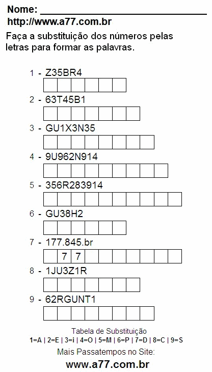 Passatempo Fácil Com Letras e Números Para Imprimir