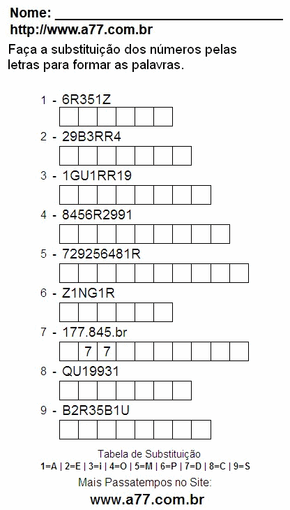 Passatempo Enigma de Letras e Números Para Impressão