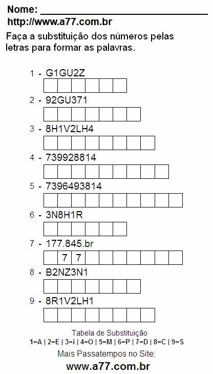 Passatempo Lúdico de Substituir Números Por Letras Para Impressão
