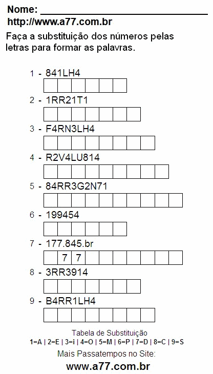 Passatempo de Substituir Números Por Letras Para Imprimir