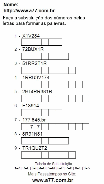 Passatempo Educativo Para Impressão de Fazer a Substituição de Números Por Letras