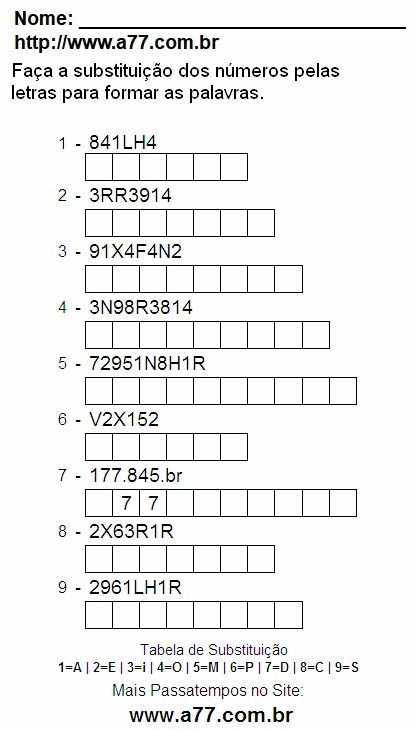 Passatempo Lúdico de Substituir Números Por Letras Para Imprimir