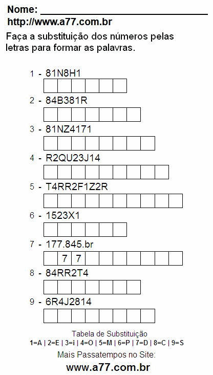 Passatempo Para Ser Impresso Com Letras e Números