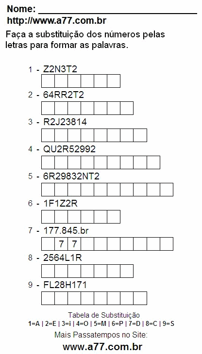 Passatempo Com Letras e Números Para Imprimir