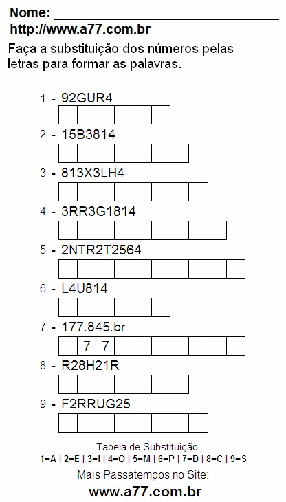 Passatempo Educativo Para Impressão de Fazer a Substituição de Números Por Letras