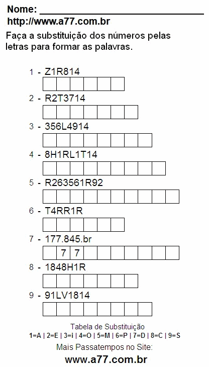 Passatempo Educativo Para Imprimir de Substituir Números de 0 a 9 Por Letras
