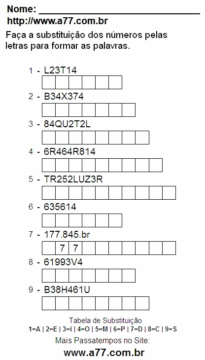 Passatempo Grátis Com Palavras e Números Para Ser Impresso