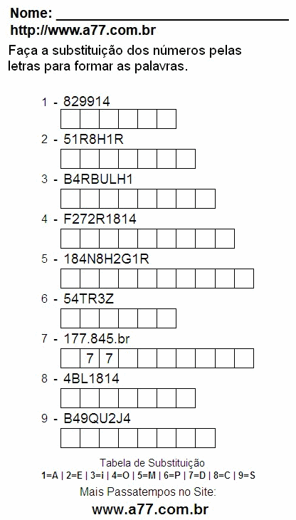 Passatempo Educativo de Substituir Números Por Letras Para Impressão