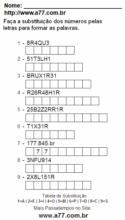 Passatempo Enigma de Letras e Números Para Imprimir