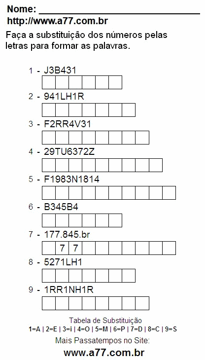 Passatempo de Substituir Números Por Letras Para Imprimir