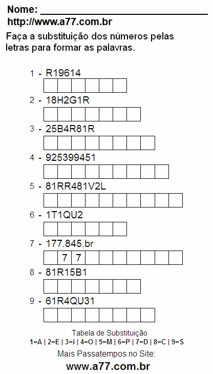 Passatempo Para Impressão de Fazer a Substituição de Números Por Letras