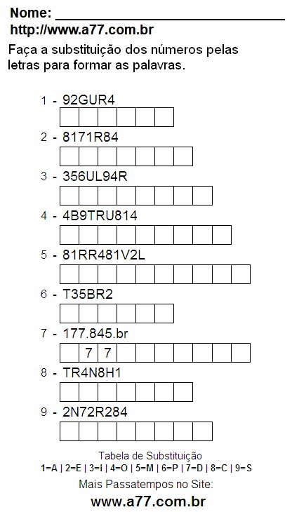 Passatempo Pedagógico Para Impressão de Substituir Números de 0 a 9 Por Letras