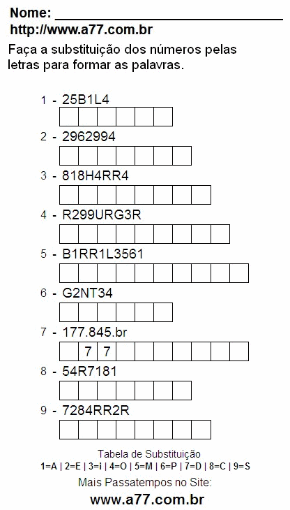 Passatempo Enigma de Letras e Números Para Impressão