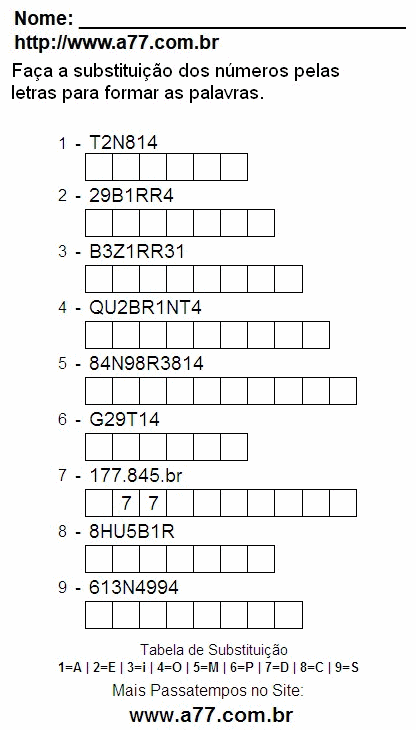 Passatempo Lúdico de Substituir Números Por Letras Para Imprimir