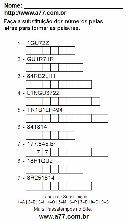 Passatempo Para Imprimir de Fazer a Substituição de Números Por Letras